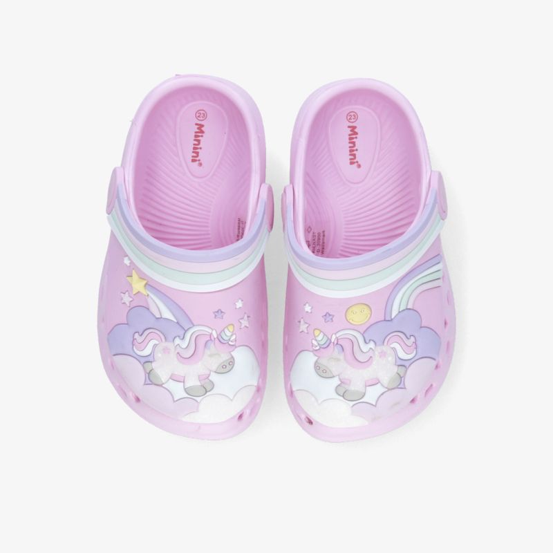 Bequeme und leichte Kinderschuhe mit buntem Einhorn-Motiv in Rosa und Lila, ideal für den Alltag