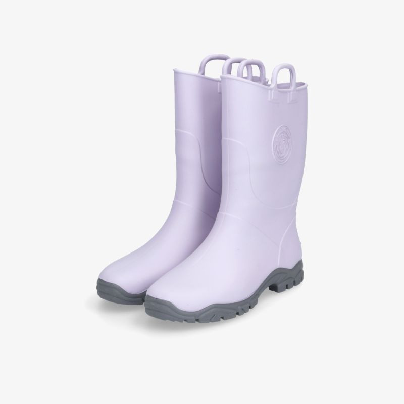 Robuste lila Gummistiefel mit grauer Sohle, ideal für Outdoor-Aktivitäten, bieten Komfort und Rutschfestigkeit.