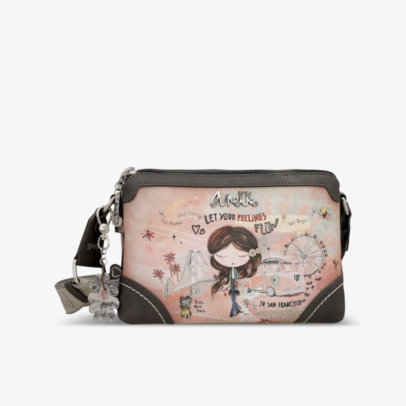 Modische kleine Tasche mit bunter Illustrationsverzierung, Reißverschluss und verstellbarem Schultergurt, seitliche Ansicht