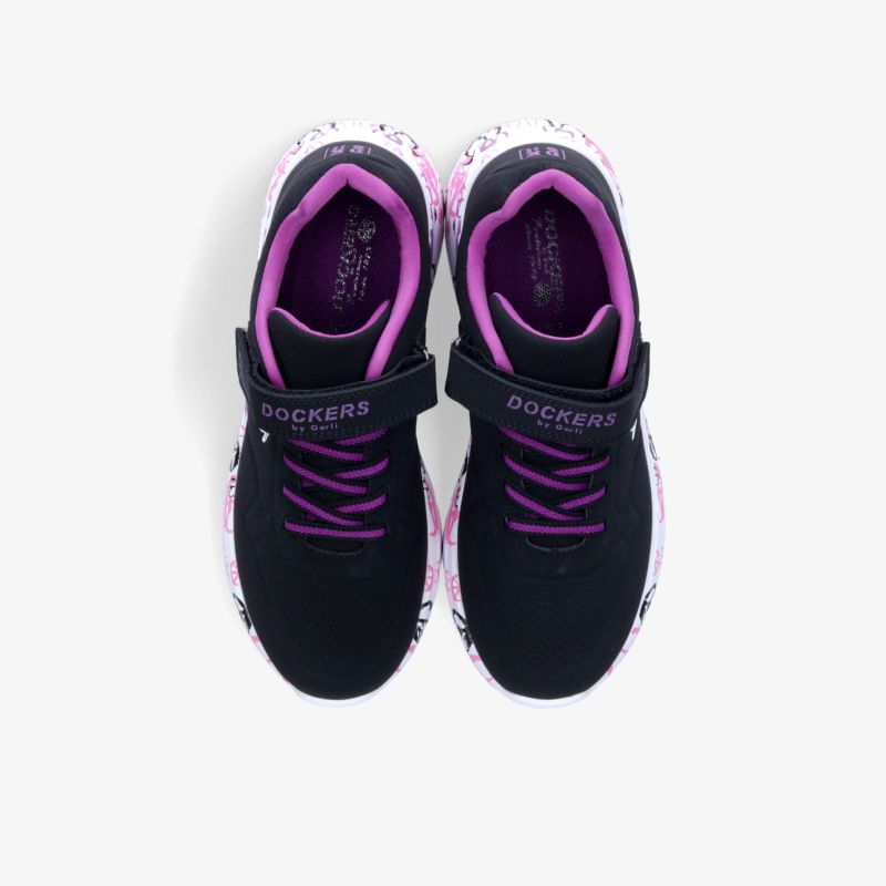 Stylische schwarze Sportschuhe mit lila Schnürsenkeln und Klettverschluss für hohen Tragekomfort