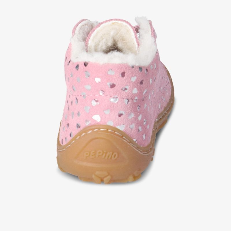 Rosa Stiefel mit Herzmuster und warmem Innenfutter, ideal für Komfort und sicheren Halt im Alltag.