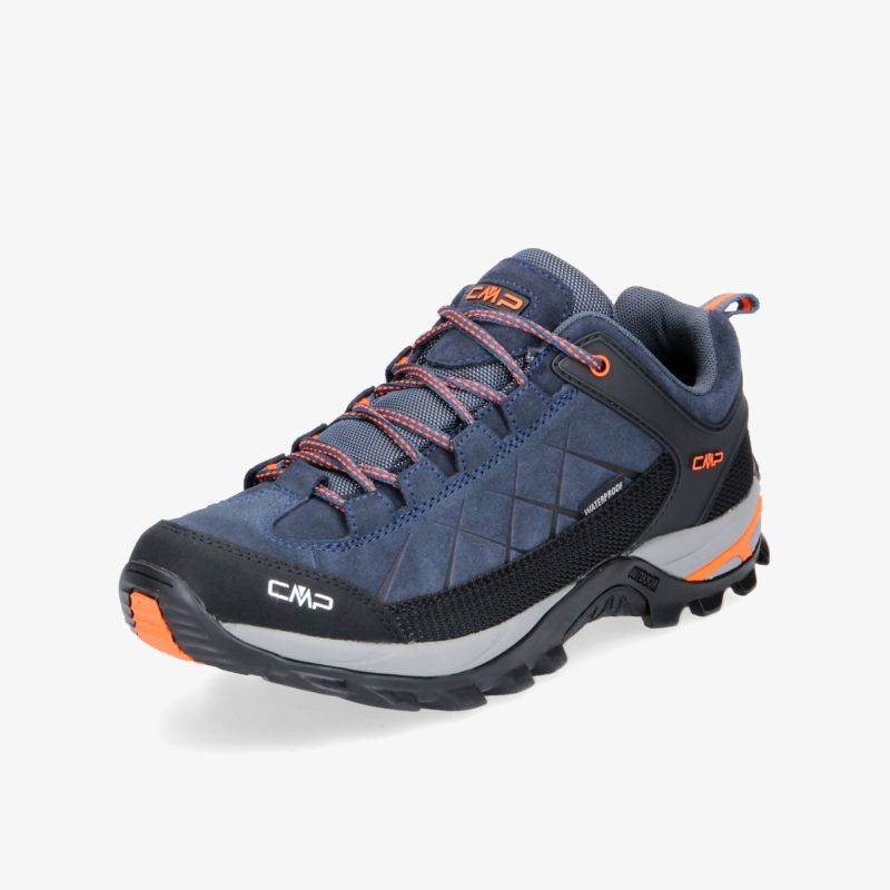 Robuste Wanderschuhe in Blau und Schwarz mit orangen Akzenten, ideal für Outdoor-Abenteuer.
