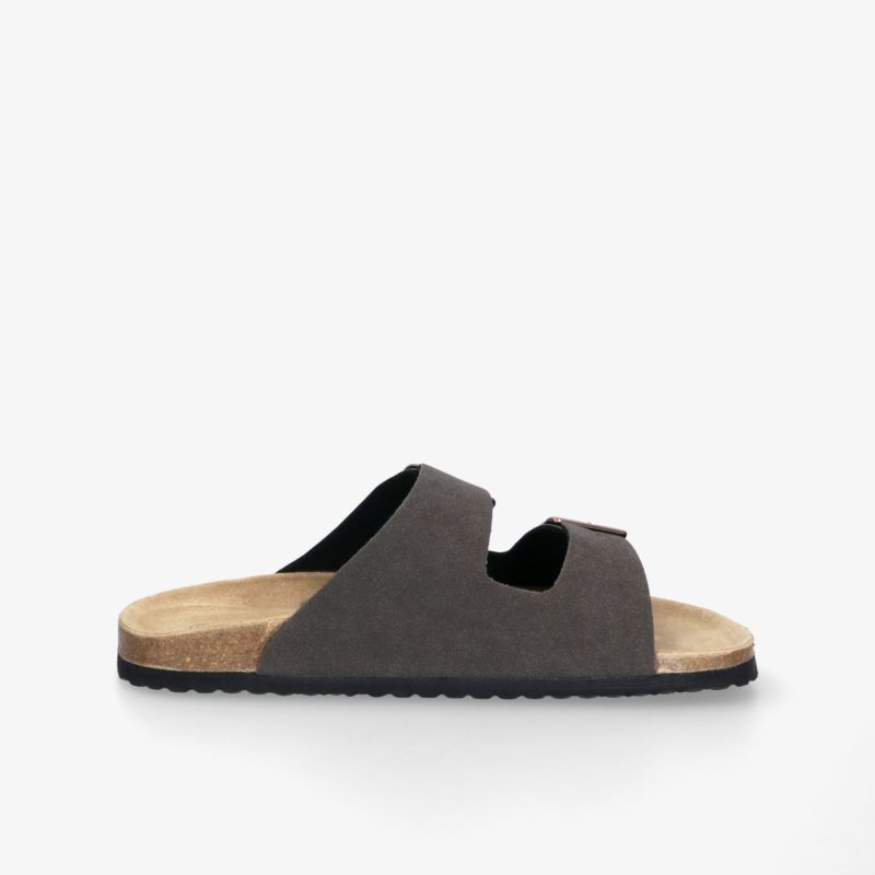 Bequeme graue Pantolette mit weichem Fußbett und rutschfester Sohle, seitliche Ansicht ohne Genderangabe