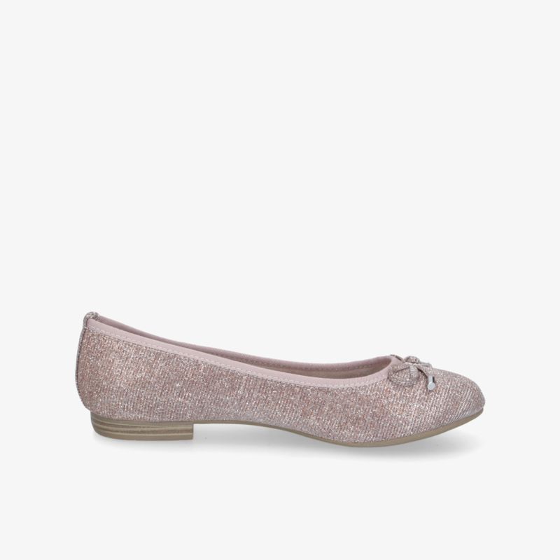 Feiner glitzernder Ballerina mit zierlicher Schleife, flacher Sohle und weichem Material in zartem Rosa
