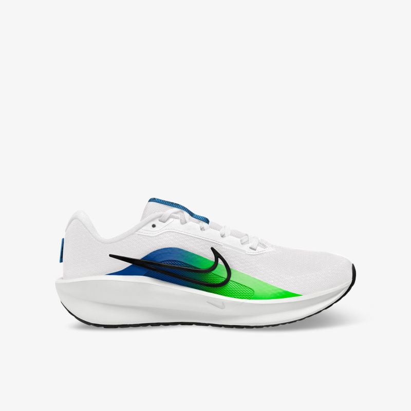 Sportlicher weißer Schuh mit blau-grünem Design und moderner Optik für Komfort und Stil.