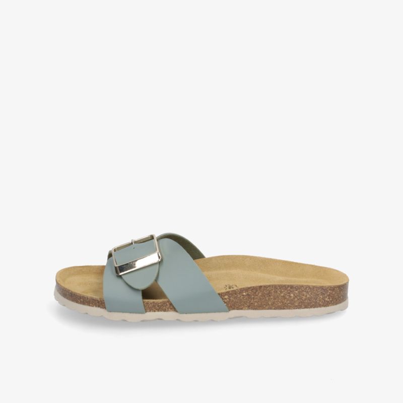 Bequeme blaue Pantolette mit großer verstellbarer Schnalle und weicher gepolsterter Innensohle, seitliche Ansicht