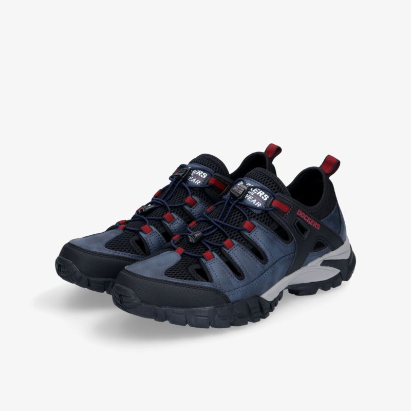 Hochwertige Outdoor-Trekkingschuhe in Blau mit roten Akzenten und strapazierfähiger Sohle.