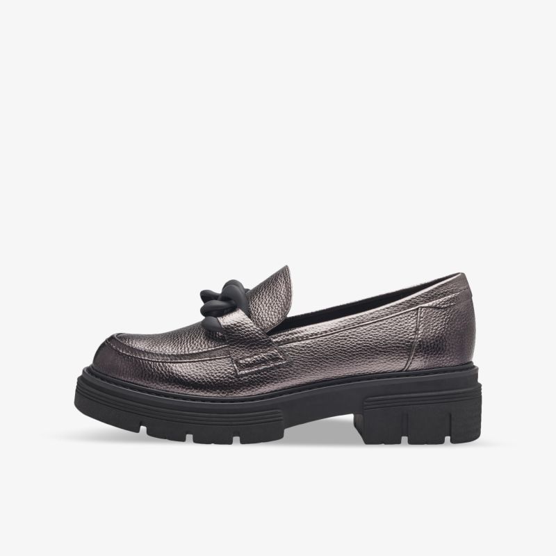Eleganter metallicfarbener Moc-toe Loafer mit rutschfester Sohle und dekorativer Schleife