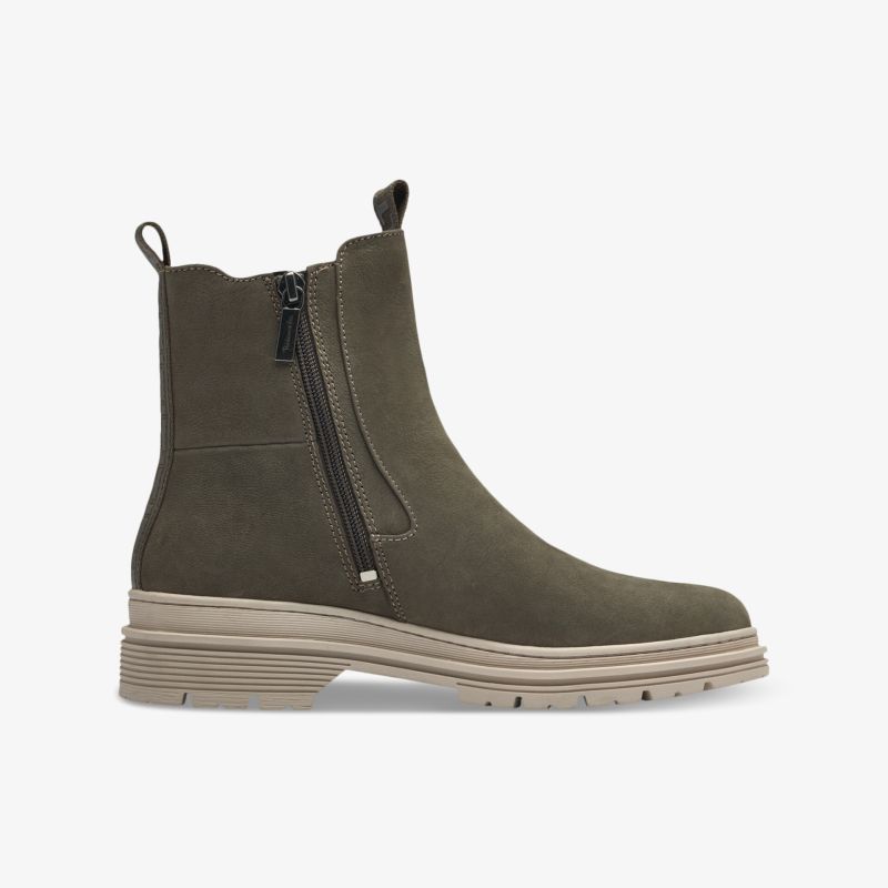 Modische Stiefelette in Olive mit seitlichem Zipper und robuster Sohle für optimalen Komfort.