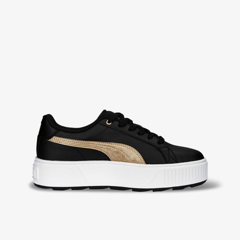 Schwarze Sneaker mit goldenen Akzenten und bequemer Plateausohle für modernen, stilsicheren Komfort.