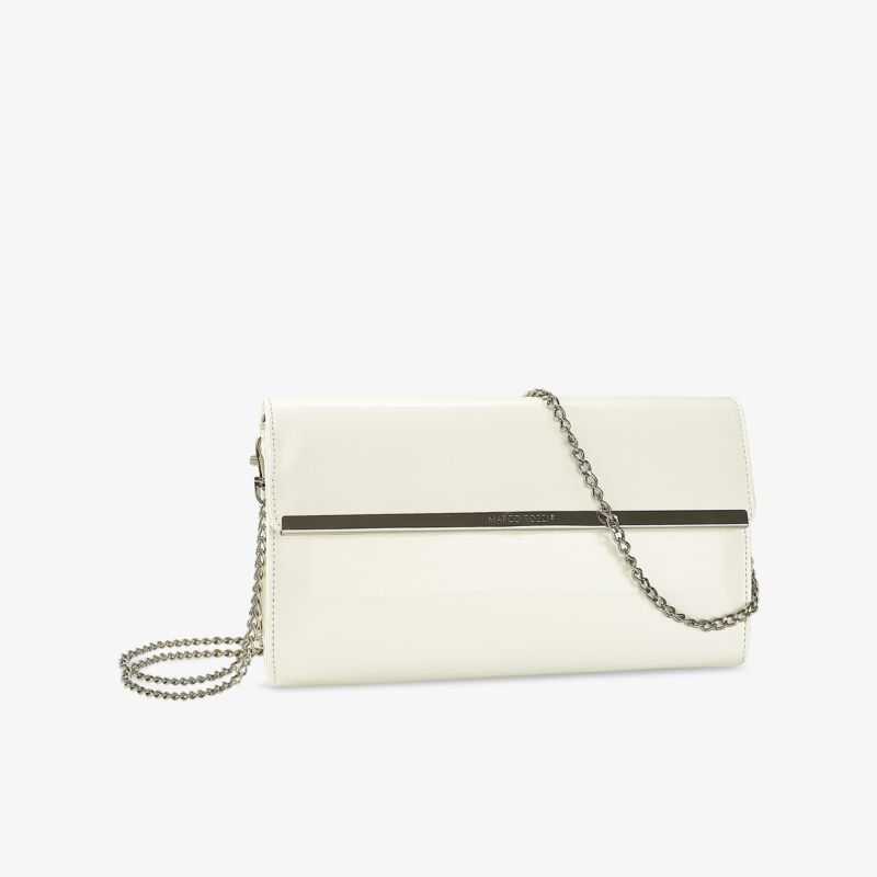 Elegante weiße Handtasche mit Metallkette, ideal für modische Anlässe. Kompaktes und stilvolles Design.