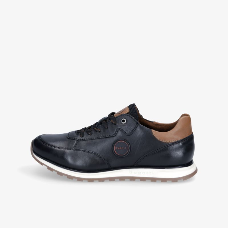 Eleganter schwarzer Sneaker mit braunen Details und modernem Design für stilvollen Komfort im Alltag.