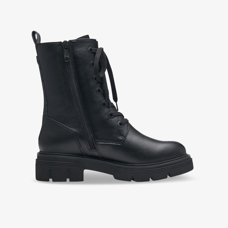 Schwarze Leder-Boots mit robuster Sohle, Schnürung und seitlichem Reißverschluss für optimalen Komfort und Stil.