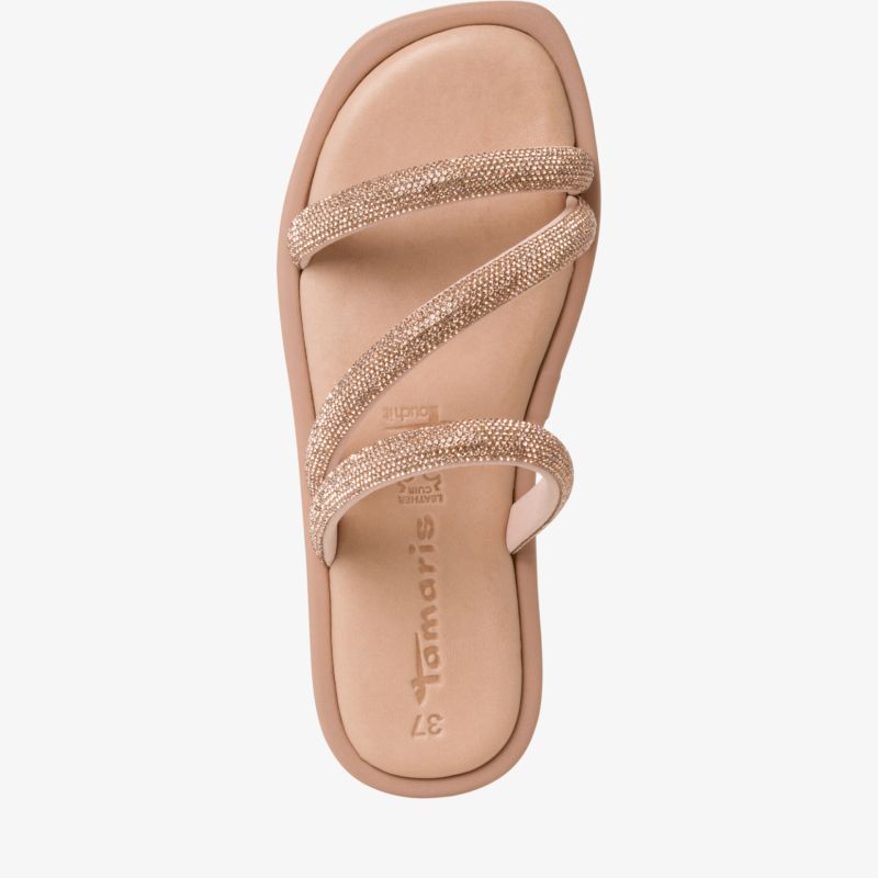 Eleganter beiger Sandalenschuh mit zarten Riemen und bequemer Polsterung für leichten und stilvollen Tragekomfort