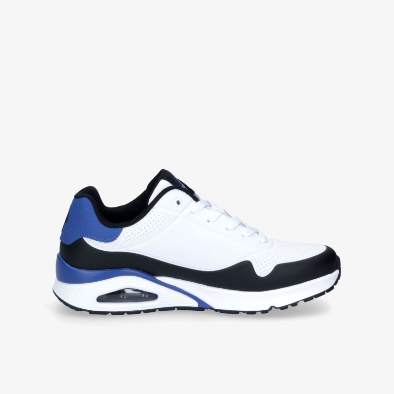 Moderner Sneaker mit weißem, blauem und schwarzem Design, ausgestattet mit dämpfender Air-Sohle für hohen Komfort.