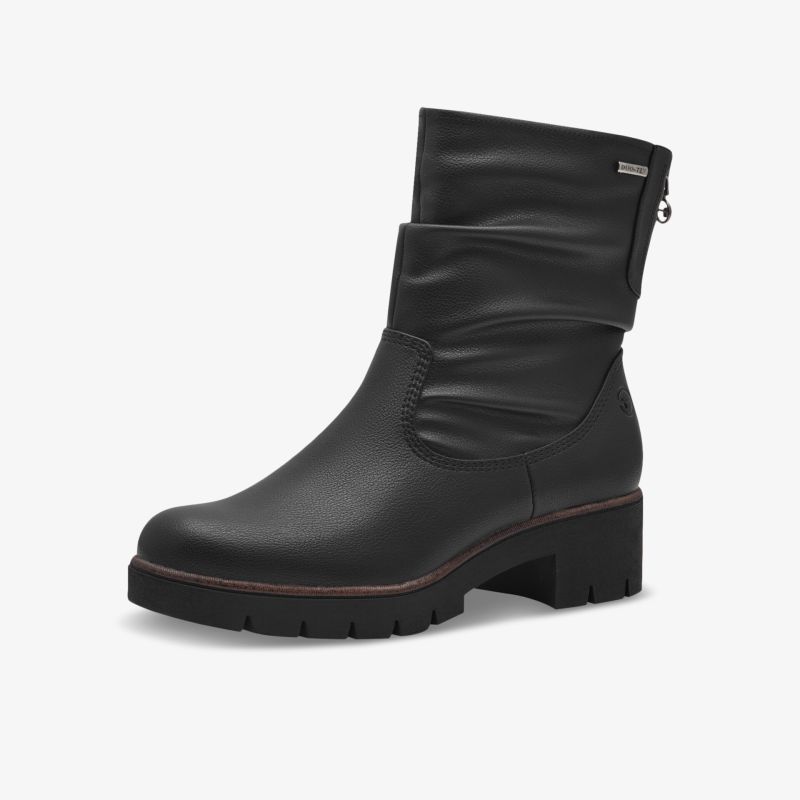 Schwarzer Stiefel mit mittelhohem Blockabsatz und praktischem Reißverschluss, elegant und komfortabel
