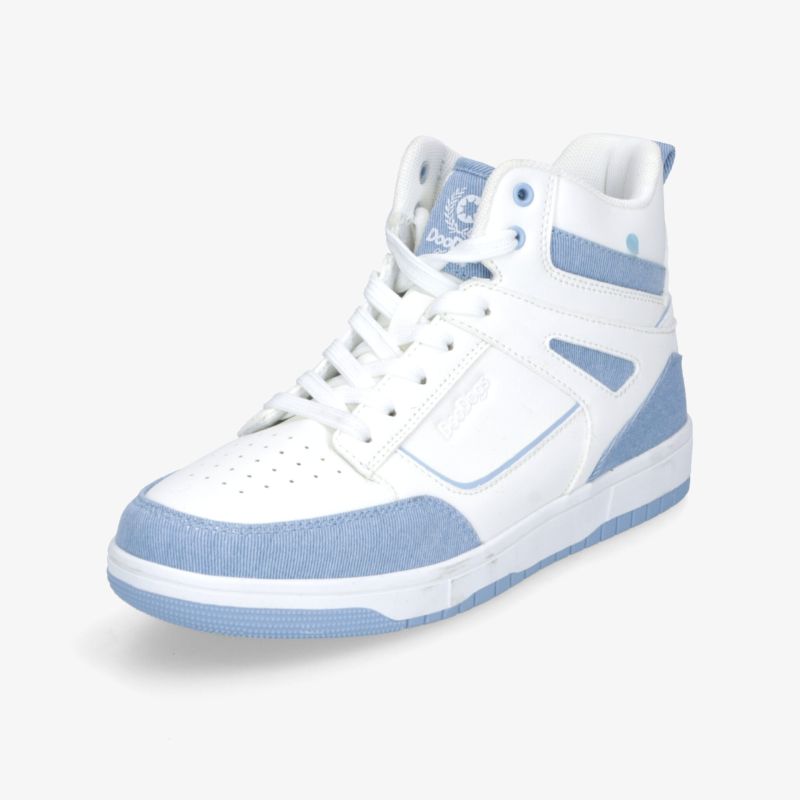 Weiß-blauer hochgeschnittener Sneaker mit gepolstertem Knöchelbereich und modernem sportlichem Design.