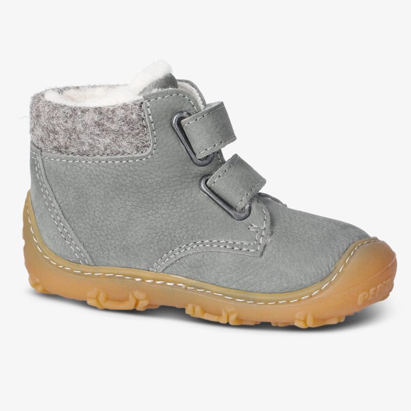 Warmer grauer Kinderstiefel aus Veloursleder mit Klettverschluss und rutschfester Gummisohle für sicheren Halt