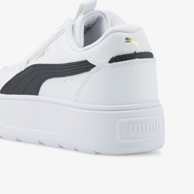 Weißer Sneaker mit schwarzem Streifen und goldenen Details, hochwertige Verarbeitung und bequeme Sohle