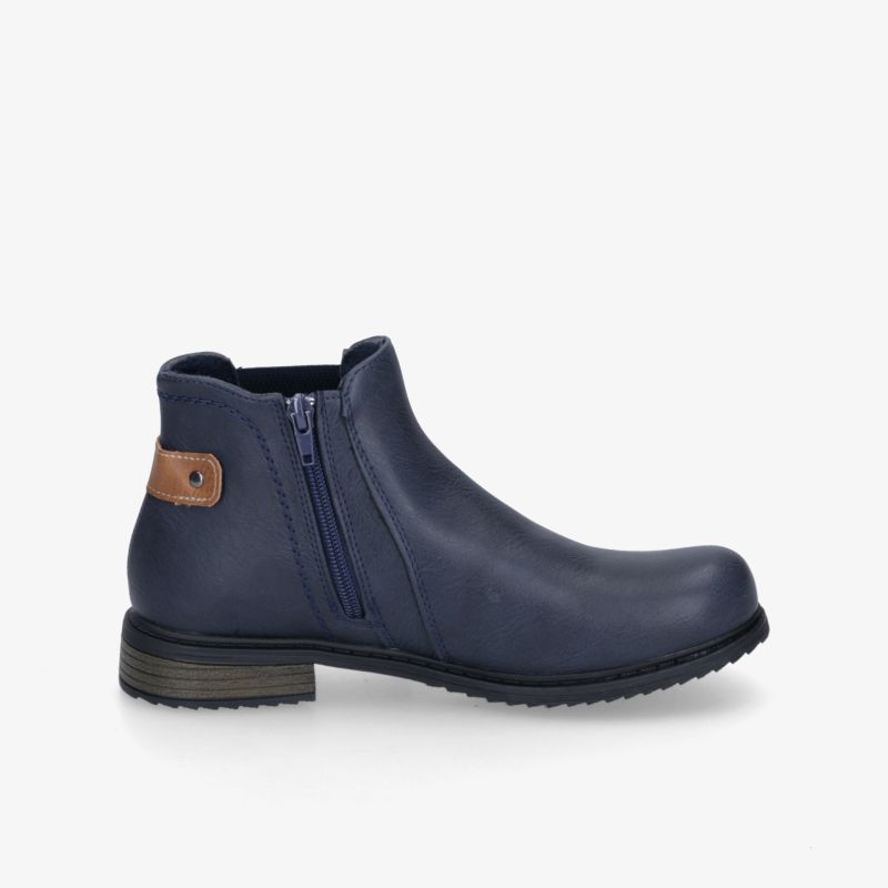 Blauer Lederstiefel mit Reißverschluss, robust, bequem und modisch, flache profilierte Sohle für angenehmen Tragekomfort