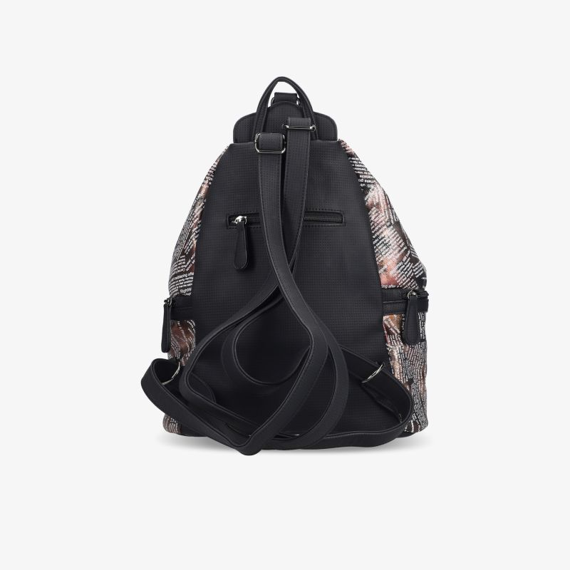 Moderner schwarzer Rucksack mit Schlangenprint an den Seiten, verstellbare Schulterriemen und sicherer Reißverschluss