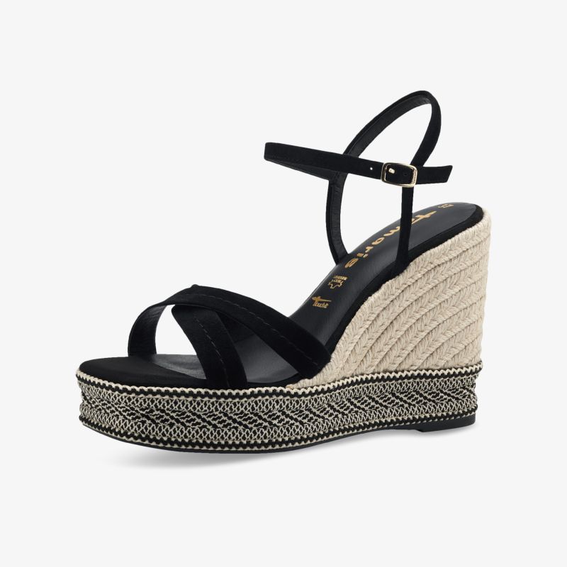 Schwarze Keilsandalette mit Geflecht-Plateausohle und verstellbarem Riemchen für stilvollen Sommerkomfort.