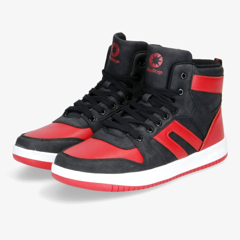 Stilvolle rot-schwarze High-Top-Sneaker mit rutschfester Sohle und bequemem Tragekomfort.