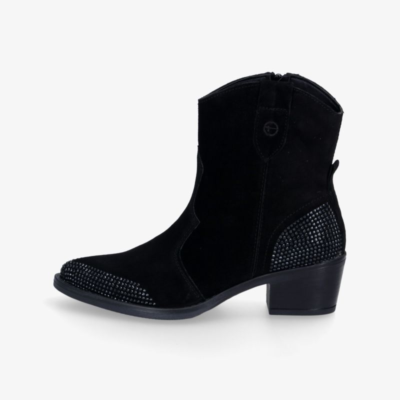 Elegante schwarze Stiefelette mit Glitzerakzenten und bequemen Absatz, ideal für modische Auftritte
