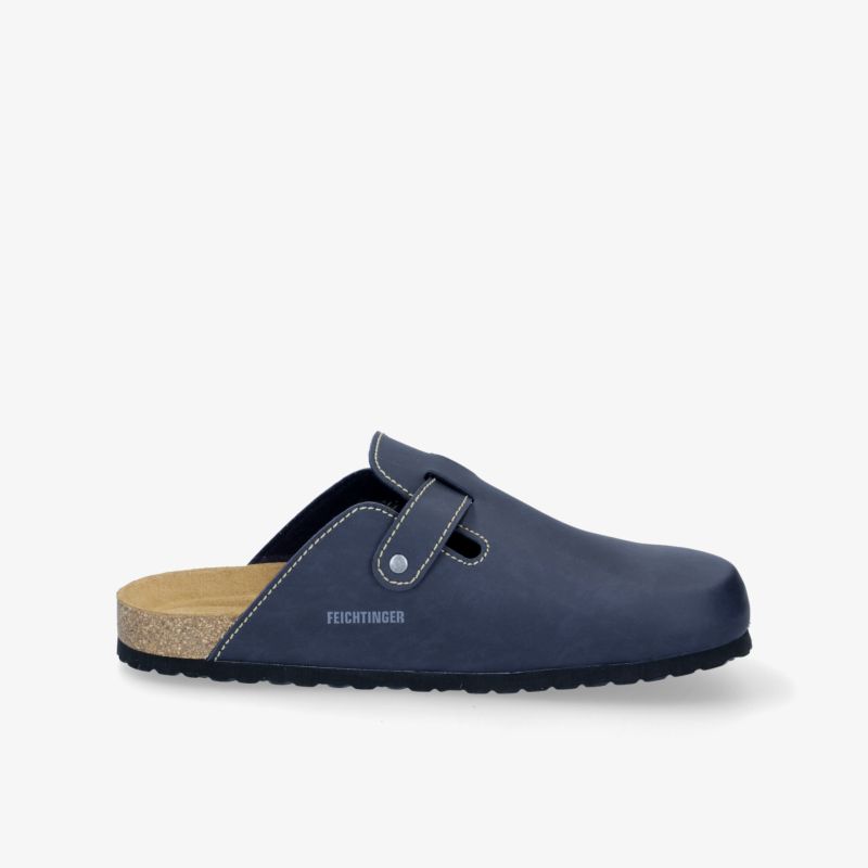 Bequemer blauer Clog mit rutschfester Sohle und verstellbarer Schnalle. Ideal für Alltag und Freizeit.