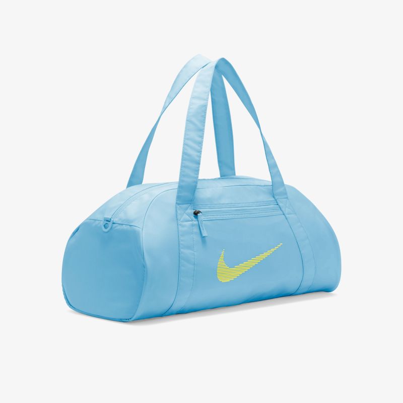 Blaue Nike Sporttasche mit gelbem Logo, ideal für Fitness und Alltag. Leicht und geräumig für vielseitige Nutzung.