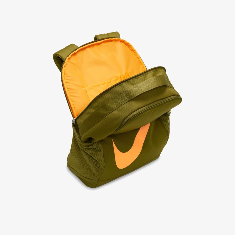 Stylischer olivgrüner Rucksack mit großem orangefarbenem Hauptfach und markantem Logo