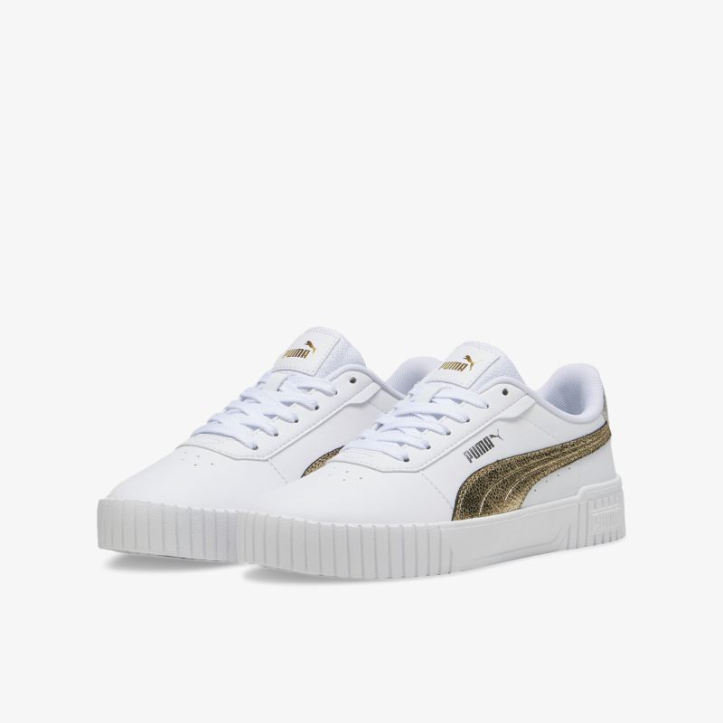 Weißer Sneaker mit goldfarbenem Streifen, sportlich und bequem, rutschfeste Sohle für optimalen Halt