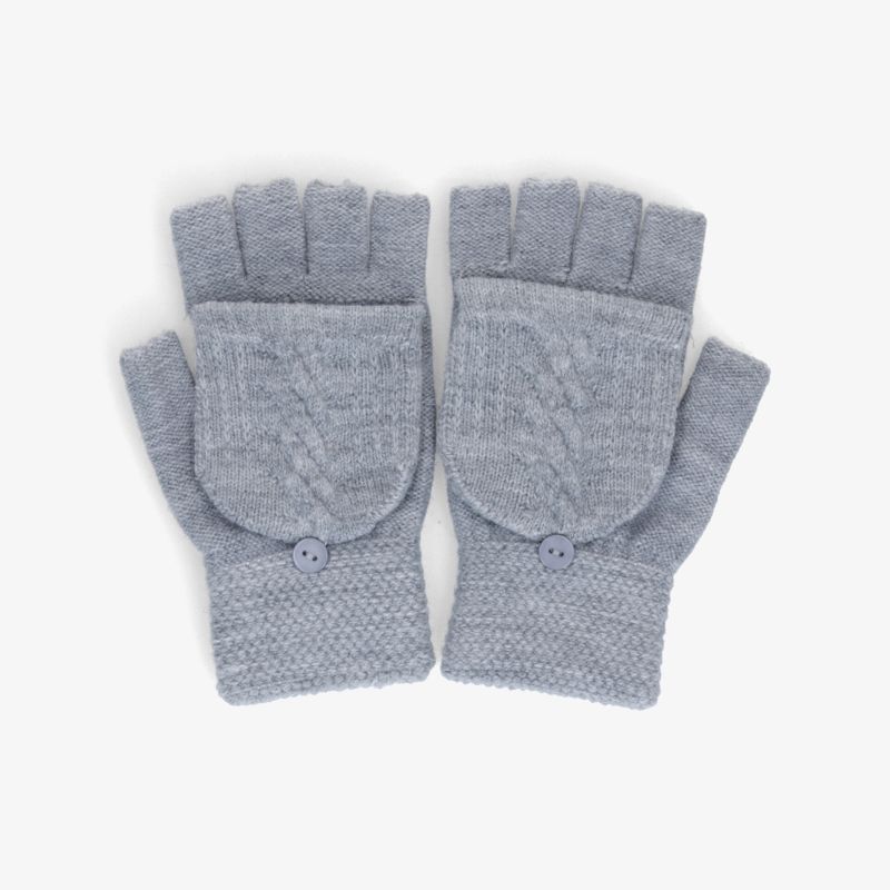 Graue, fingerlose Strickhandschuhe mit umklappbarer Fäustling-Option und Knopfverschluss, ideal für kalte Tage.