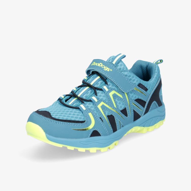 Atmungsaktiver blauer Sportschuh mit Klettverschluss und rutschfester Sohle. Ideal für Outdoor-Aktivitäten.