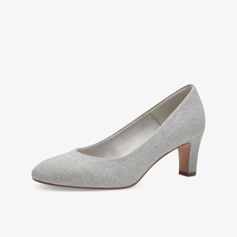 Eleganter grauer Pumps mit mittelhohem Absatz und bequemer Passform in klarer Seitenansicht