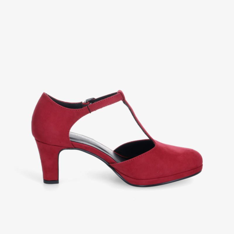 Eleganter roter Pumps mit mittelhohem Absatz und praktischer Schnalle, bequemer Komfort und klassisches Design