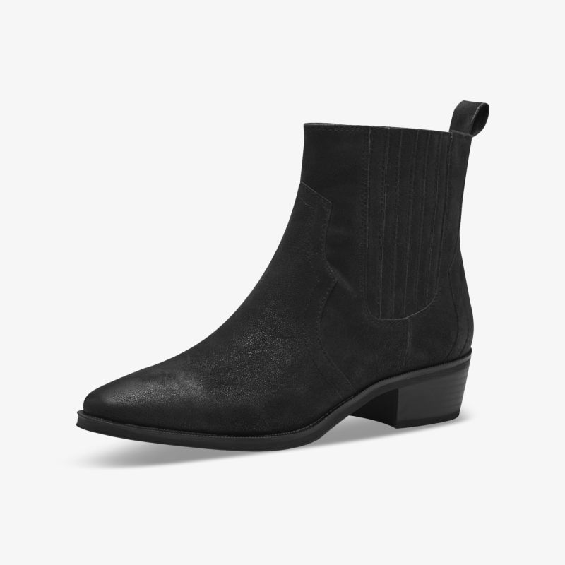 Elegante schwarze Stiefelette mit niedrigem Absatz und rutschfester Sohle, perfekt für vielseitige Anlässe.