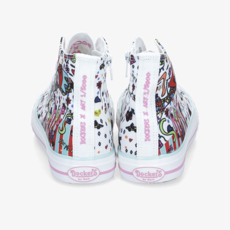 High-Top-Sneaker mit buntem Print, seitliche Ansicht. Komfortabel und modisch für jede Gelegenheit.