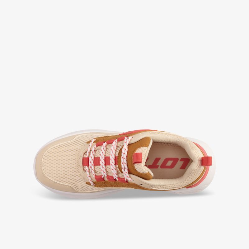Bequemer, atmungsaktiver Laufschuh in Beige mit leichter Schnürung und gepolsterter Innensohle, Draufsicht
