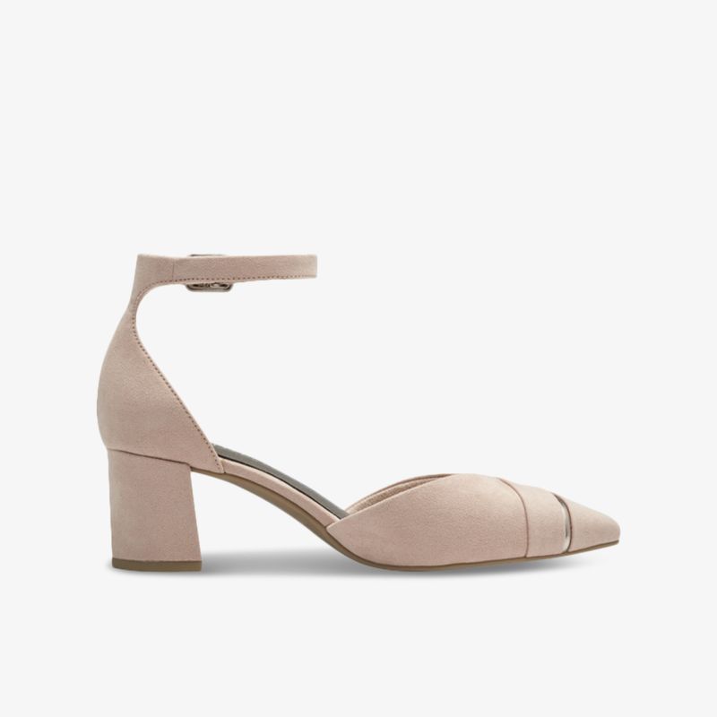 Eleganter beiger Sandalenschuh mit mittelhohem Blockabsatz und Knöchelriemen, seitliche Ansicht, bequem und modisch