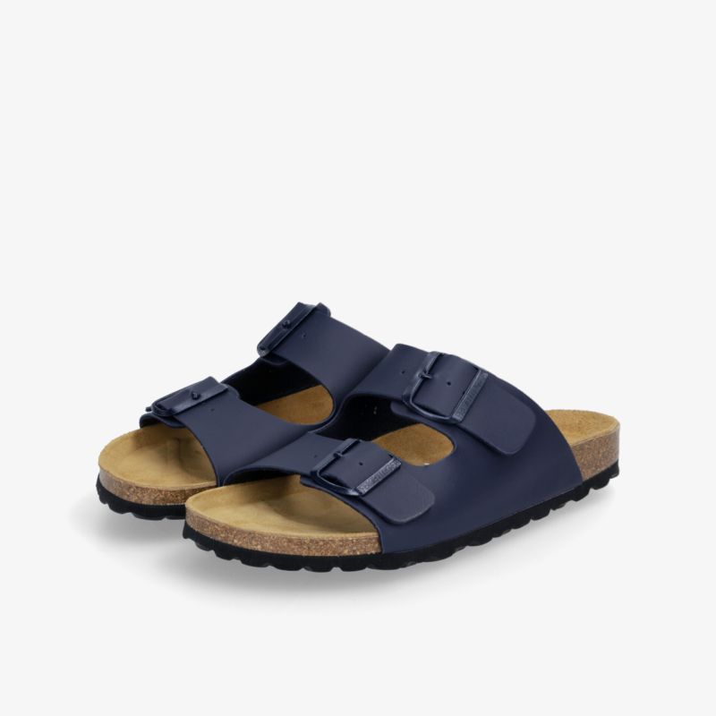 Komfortable blaue Sandalen mit ergonomischer Fußbettung und verstellbaren Riemen.