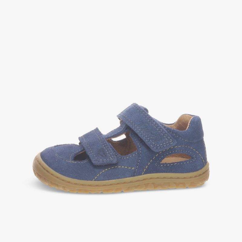 Bequeme blaue Ledersandale mit Klettverschluss und rutschfester Sohle für optimalen Tragekomfort und Stil.