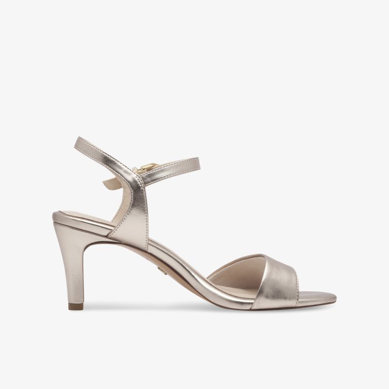 Eleganter Sandalenschuh mit hohem Absatz und verstellbarem Riemen in beigem Ton, bequem und modisch