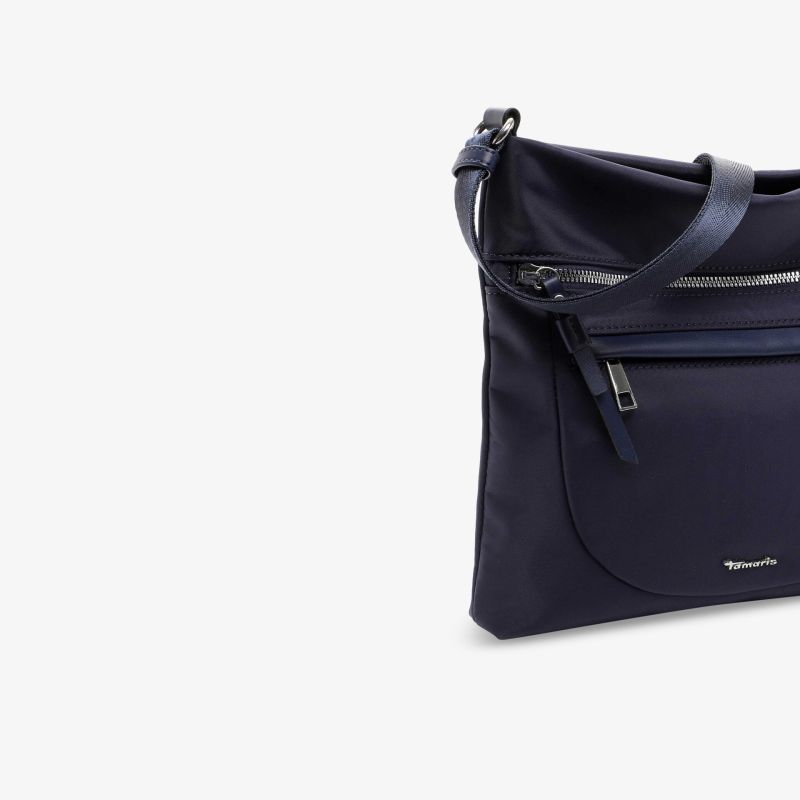 Vielseitige und robuste dunkelblaue Tasche mit Reißverschluss und verstellbarem Trageriemen, seitlicher Blick