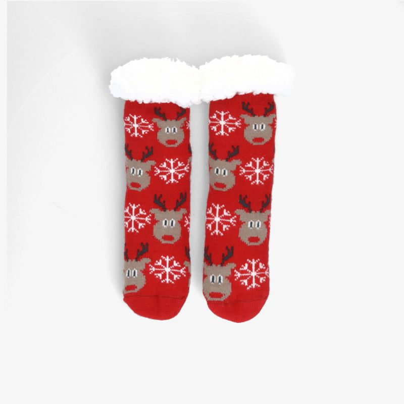 Rote Socken mit Rentier- und Schneeflockenmotiven, ideal für gemütliche Winterabende und festliche Anlässe.