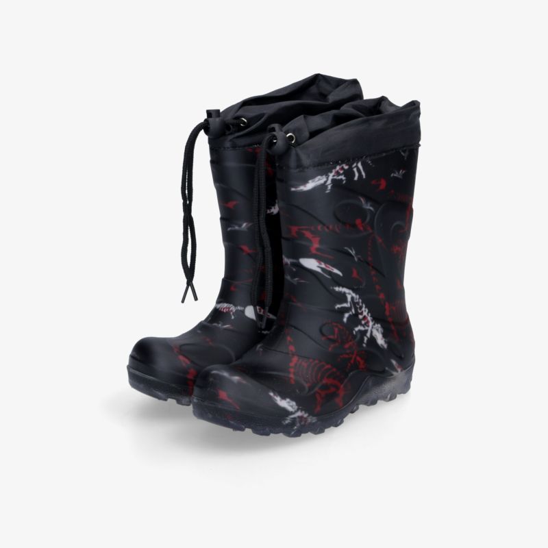 Robuste schwarze Gummistiefel mit buntem Dinosaurier-Print und Zugkordel, ideal für nasse Bedingungen