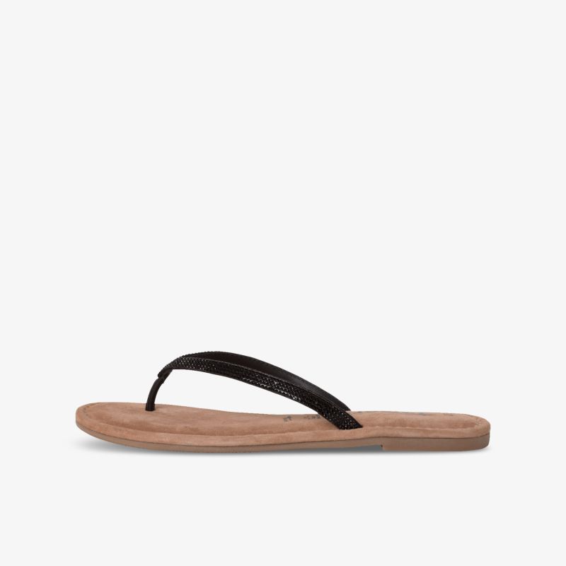 Seitliche Ansicht eines braunen Flipflops mit dünner Sohle und praktischem Zehensteg, leicht und bequem