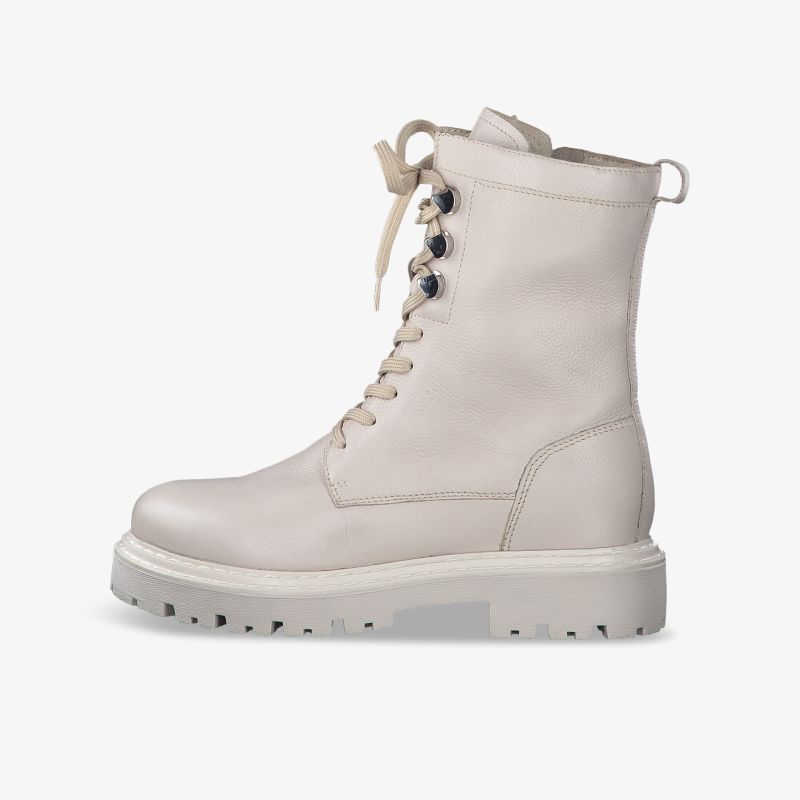 Stilvolle weiße Stiefelette aus Leder mit robuster Sohle und Schnürung für optimalen Tragekomfort.