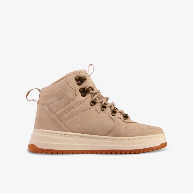 Beiger Stiefel mit rutschfester Sohle und robuster Schnürung, ideal für den Alltag und vielseitig kombinierbar.