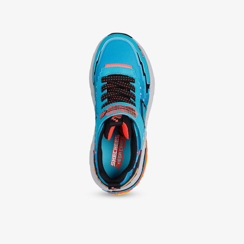 Sportlicher blau-oranger Sneaker mit robuster Sohle, komfortabler Polsterung und atmungsaktivem Obermaterial, Top-Down Ansicht